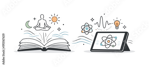 Spirituality and quantum physics. Open book and tablet emitting light symbols, atoms, and gentle waves, blending ancient wisdom with modern