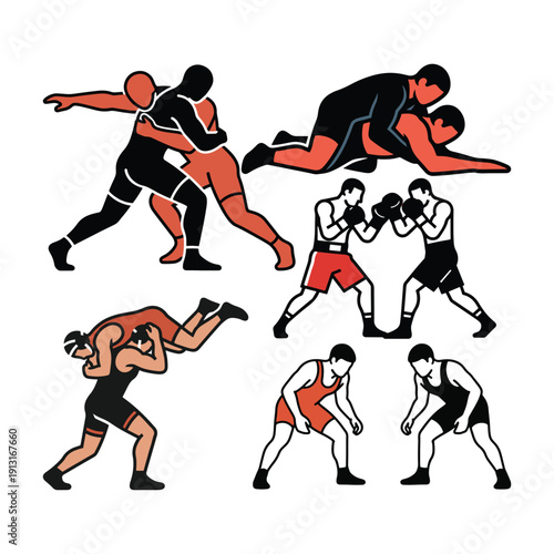 Set of wrestling and boxing athletes fighting in various combat poses vector illustration.