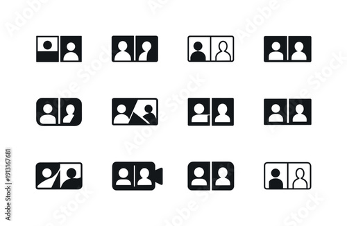 Video Call Icons Display. Video call window. Icon set. Set Logo of video call window: split-screen participants. harmonious logo variations of the same