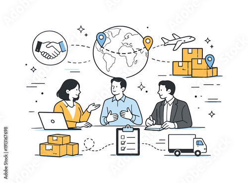 Cross-border business expansion. Team discussing global partnerships and logistics, calm coordination and trust. Handshake icons, boxes, and