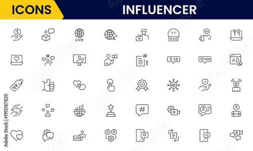 Influencer and blogging line icons collection. Big UI icon set in a flat design. Thin outline icons pack. Vector illustration