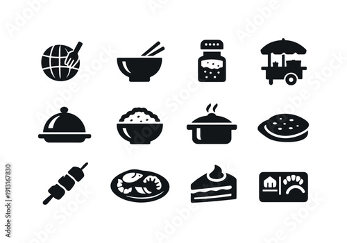 world food. Solid icon set of world food: globe fork, chopsticks bowl, spice jar, street food cart, traditional dish, rice bowl, soup pot,