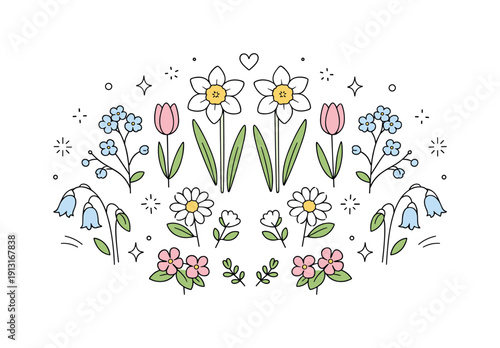 Pressed flowers spring. A calm layout of pressed spring flowers arranged symmetrically on a clean surface, expressing delicacy and seasonal