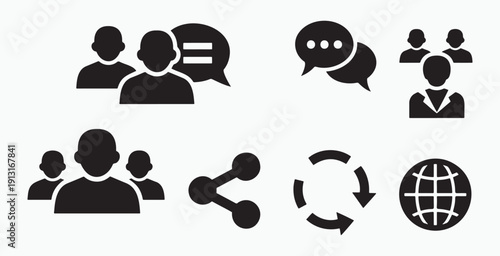 Social media and human resource management icons including teamwork chat bubbles user profiles sharing symbols global connectivity and refresh arrows for community engagement and web application
