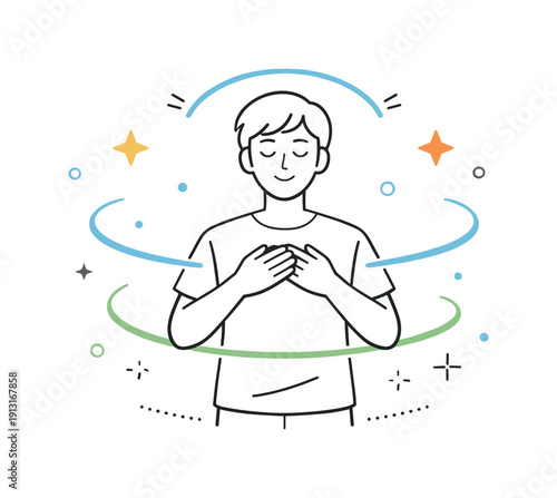Calm Breathing Meditation. calm breathing + stretch pause. A person standing with eyes closed, hands resting on their belly or chest, abstract floating stars