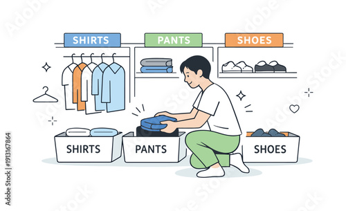 Organizing a closet by categories (shirts, pants, shoes). A person sorting clothes into labeled sections inside a wardrobe, moving calmly and