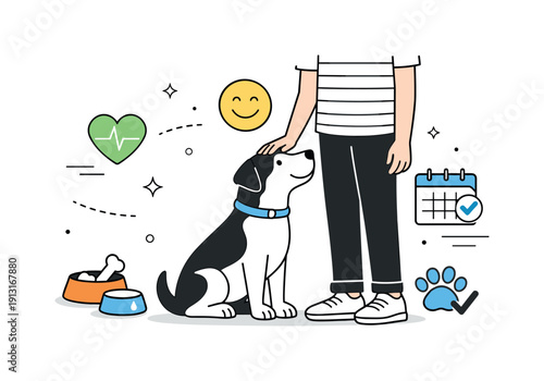 Healthy pets through training and care. An editorial scene showing a well-trained pet beside its owner, with icons of health, happiness, and