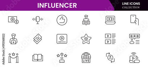 Influencer and blogging line icons collection. Big UI icon set in a flat design. Thin outline icons pack. Vector illustration