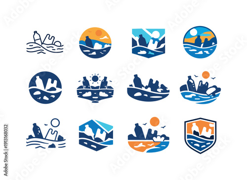 Image Generation. Plastic pollution. Icon set. Set Logo of plastic pollution: polluted shoreline with trash. harmonious logo variations of the same emblematic