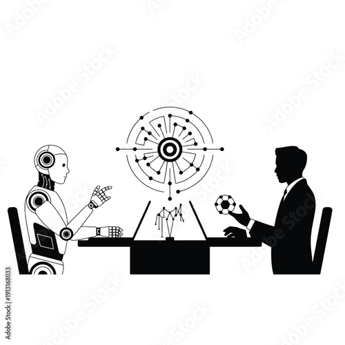 Robot and businessman playing chess with holographic board