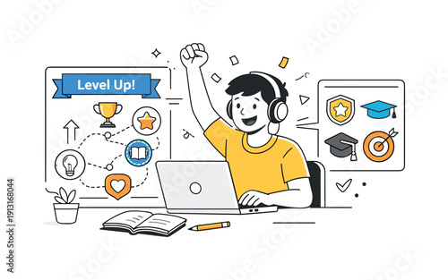 Gamified Learning Success. Personalized learning paths ? gamified progress tracking. A playful editorial scene with a student unlocking badges and leveling up