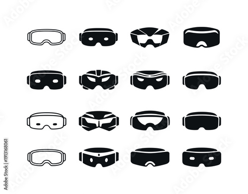 Virtual Reality (VR) Experiences. Icon set. Set Logo of Virtual Reality (VR) Experiences: VR headset front view. harmonious logo variations