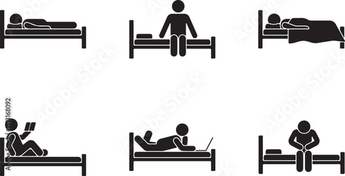 Stick figure sleeping positions in bed. Dreaming and sitting pictogram icon set.
