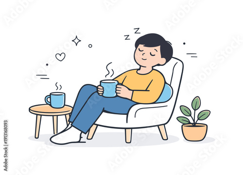 Managing burnout. A tired character gently resting on a chair with a cup of tea and a small plant nearby, expressing recovery, self-care, and