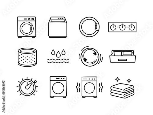 Washing Machine. Line icon set of Washing Machine: front load washer, top load washer, washing machine door, control panel knobs, laundry