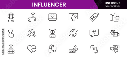 Influencer and blogging line icons collection. Big UI icon set in a flat design. Thin outline icons pack. Vector illustration