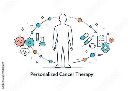 Personalized cancer therapy. Abstract cells and data points forming a tailored treatment path around a human silhouette. Conceptual scene