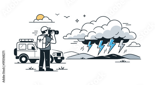Extreme weather and storm chasing tourism. Storm chaser photographing dramatic clouds and lightning symbols on the horizon, standing beside a