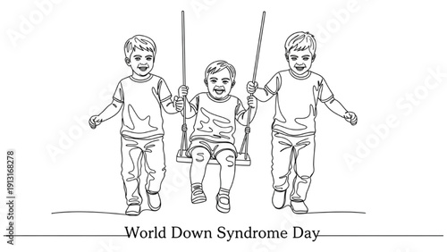 High-quality black continuous line art of siblings playing together inclusively for World Down Syndrome Day