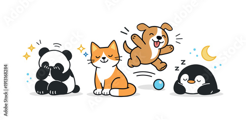 Animal personalities and quirks. A cozy editorial scene with animals displaying emotions through body language rather than details, creating