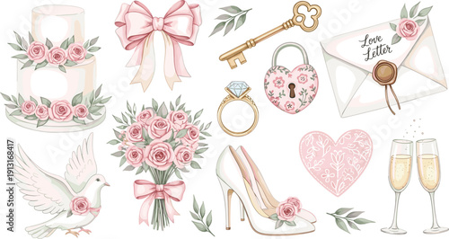 Elegant Wedding Vector Element Set with Floral Cake, Bridal Shoes, Bouquet, Rings, and Romantic Love Letter for Marriage Invitations and Celebration Stationery Designs