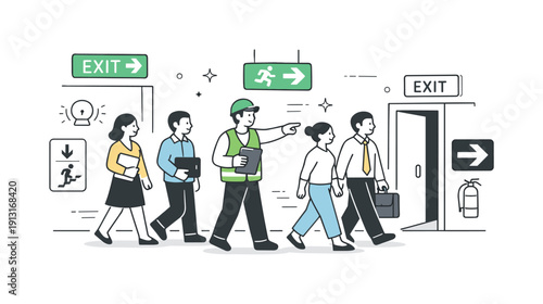 Image Generation. Evacuation drill practice. Office workers calmly move toward exits following arrows and guidance symbols. Editorial scene emphasizing safety