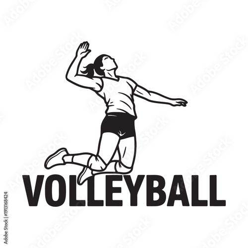 Female volleyball player silhouette spiking ball with bold text logo vector illustration.