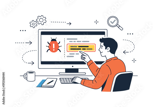 Debugging Workflow Illustration. Code error investigation. A developer pointing at a screen with a bug icon and highlighted code block, steady reasoning and