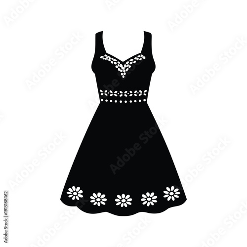 Elegant black and white dress with floral patterns silhouette vector illustration, crochet summer dress silhouette vector illustration
