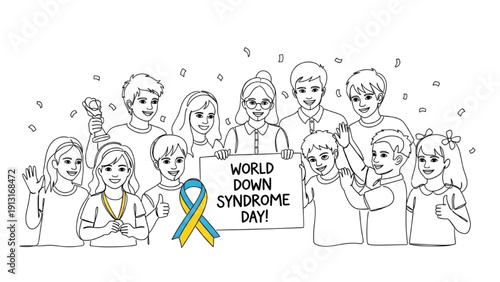 High-quality black continuous line art of classmates celebrating a small success together for World Down Syndrome Day