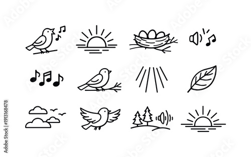 Morning Bird Icons. Morning Birds. Line icon set of Morning Birds: singing bird, sun rising, nest in tree, chirp sound, musical notes, branch perch, light