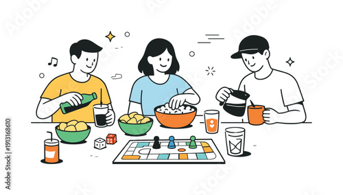 Having a board game marathon with snacks and drinks. A relaxed break moment with players reaching for snacks and refilling drinks between