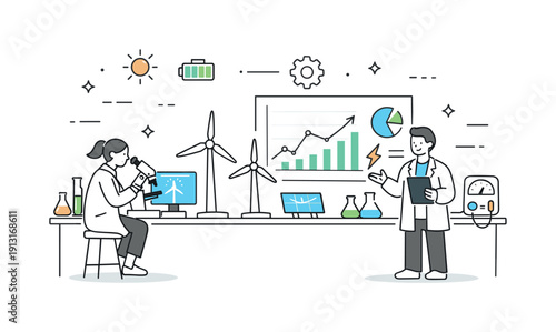 Clean energy laboratory. A research facility with wind turbine icons, charts, and measuring tools, showing systematic study and progress in