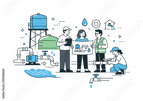 Community water systems. A clean editorial scene with water tanks, pipes, and people collaborating, expressing cooperation and sustainable