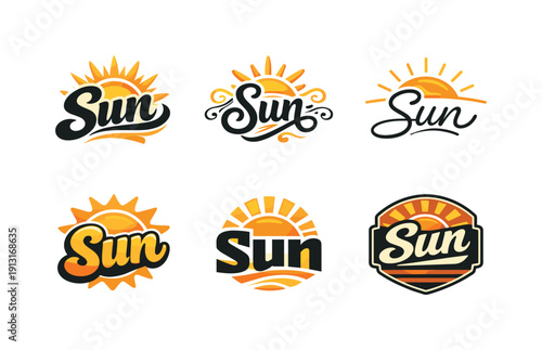 Sync with the sun lettering. Set lettering. harmonious lettering variations of the same emblematic concept, each with different artistic