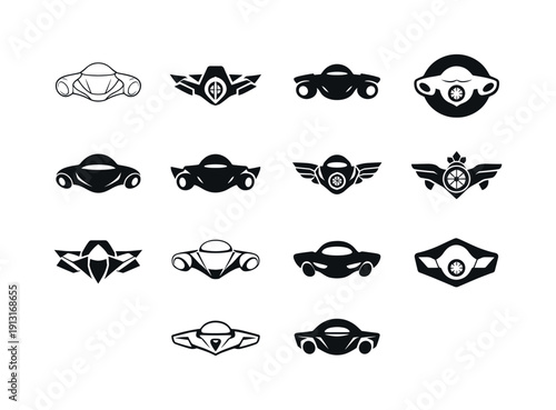 retro-futuristic machines. Icon set. Set Logo of retro-futuristic machines: flying car turbine. harmonious logo variations of the same