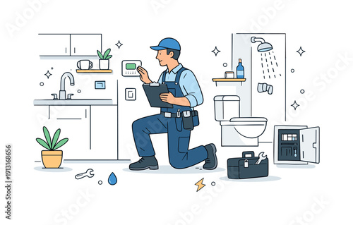 Routine Maintenance Check. Building maintenance routine. Worker checking utilities and fixtures inside an apartment or office space. Quiet, reliable scene