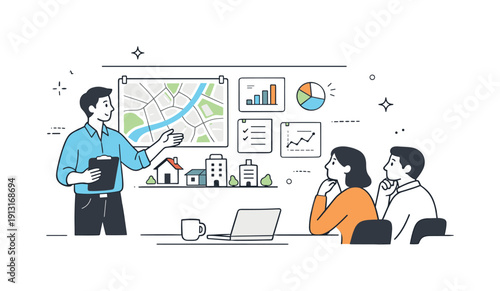 Urban planning offices. Planner standing by a wall with pinned maps, charts, and simple building icons, explaining ideas to colleagues.