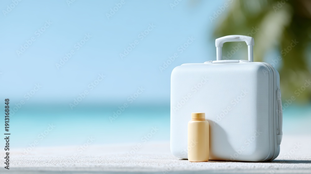 Obraz premium Full suitcase with travel accessories on tropical beach, vacation concept