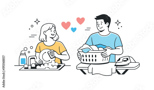 Shared daily moments. A couple doing simple household tasks together, exchanging smiles while abstract heart shapes appear nearby.