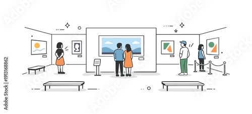 Image Generation. Art exhibition hall layout. A wide gallery interior with evenly spaced walls, framed artworks, and clear visitor pathways. Calm atmosphere