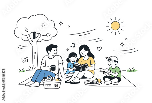 A family having a picnic in the park on a sunny day. The family relaxing together under a tree with gentle sun rays and soft breeze lines.