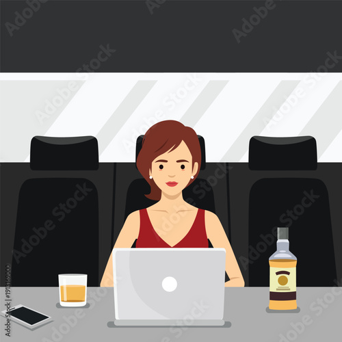 Woman Working on Laptop in Car with Alcohol Drink, Night Lifestyle Concept. Flat vector illustration isolated on white background