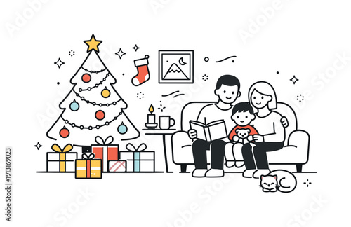 Christmas celebration. A simple living room scene with a decorated tree, gifts, and soft lights, quiet and warm. The mood reflects family