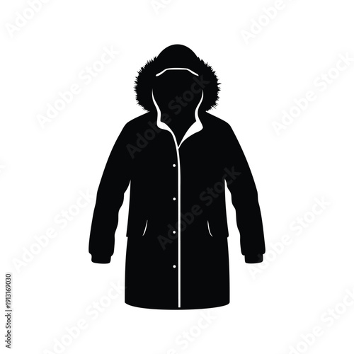 Warm and cozy winter jacket with fur hood, perfect for cold weather, silhouette vector illustration, parka jacket silhouette vector illustration