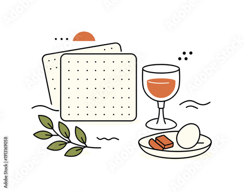 Passover symbolic illustration. An abstract composition of Passover symbols such as matzah, wine cup, and leaves arranged in a balanced