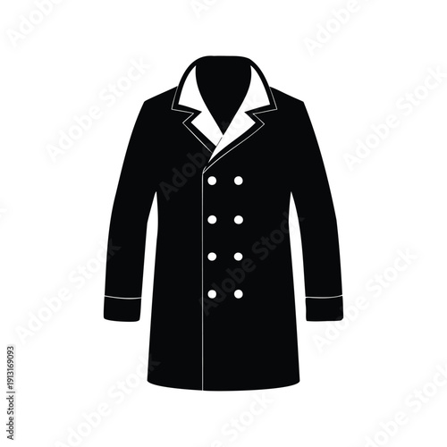 Elegant navy officer coat with double-breasted buttons, detailed silhouette vector illustration, peacoat silhouette vector illustration