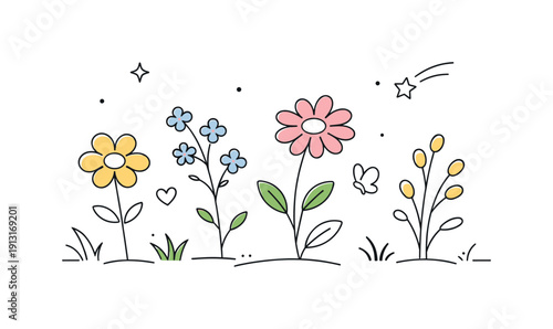 Wildflower close-up mood. Simple flowers growing freely with lots of white space around, gentle organic balance. Editorial nature still life