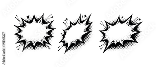 Burst speech bubble depicted as one explosive starburst bubble object displayed in three views: front view, side view, and three-quarter view