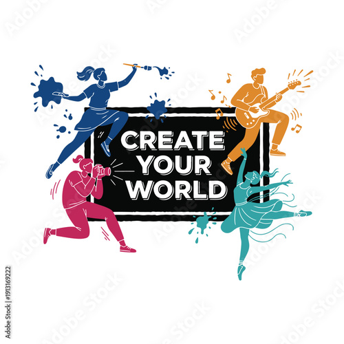 Create Your World creative artist silhouettes with colorful paint splashes vector illustration.